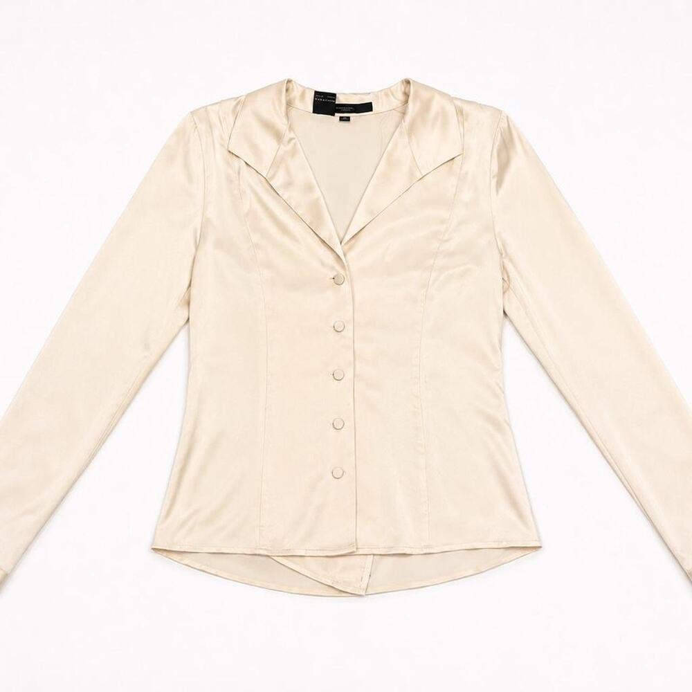 Vintage ISHYU 100% Silk Champagne Blouse Princess Seam Button Front Size 2 - Picture 2 of 5